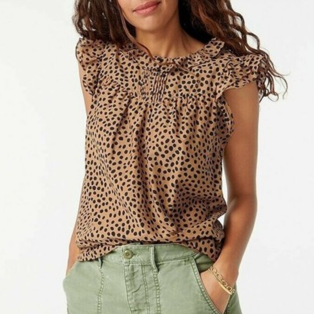 J. Crew Brown Tan Black Cotton Leopard Animal Print Flutter Sleeve Blouse Large